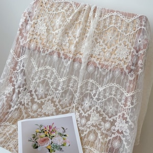 Beige Embroidery Floral Fabric, Vintage Style Cotton Lace Tulle Fabric, Curtain supply, Blouse, Lace Top, DIY crafts, Wedding lace