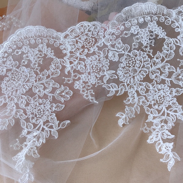 Delicate Off white Lace Trim, Bridal veil trim lace, Alencon Corded floral cord lace, Gown Dress trimming lace, Wedding veil trim, by 1 Yard