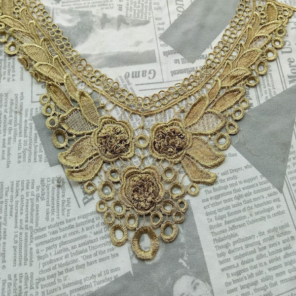 Gold Lace Applique Collar, 3D Lace Collar, Golden Applique Collar, 3D Rose Collar, Flower Lace Collar Jewelry Supply, Costume Design, 1 Pcs