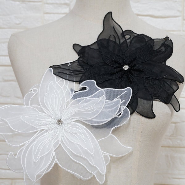 Broderie de fleurs 3D en organza blanc cassé, broche multicouche, appliques de fleurs de mariée avec épingle, pour décoration de costume, chapellerie, pull