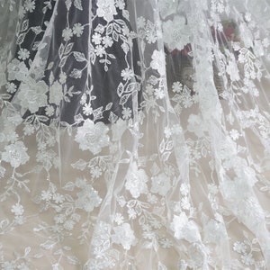 Gorgeous Embroidery Ivory Floral Applique Lace Fabric, Clear Sequins lace For Prom, Bridal Gown, Wedding Dress, Hauture Couture, By 1 yard