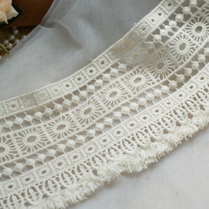 Beige Crocheted Tassel Lace Trim, Ecru Cotton Lace Trim, Soft Floral Hollow out Insertion Trim, Retro Design Lace, By 1 Yard
