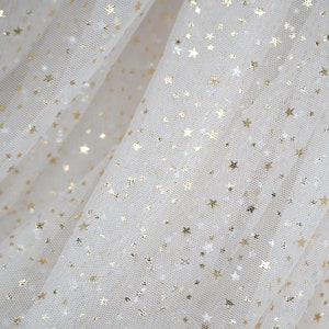 Print Galaxy Stars Beige Tulle lace fabric, Gold Silver Star Overlay For Birthday Party Dress, Wedding Veil, Toddle Dress, Festival Costume