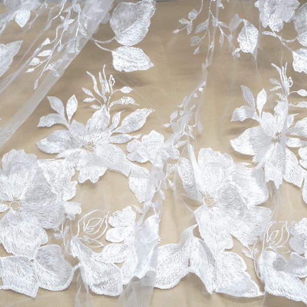 Large Flower Overlay Embroidery Applique Tulle Lace Fabric in Off white, For Wedding gown, Bridal Dress, Outdoor Lawn wedding,  By 1 Yard