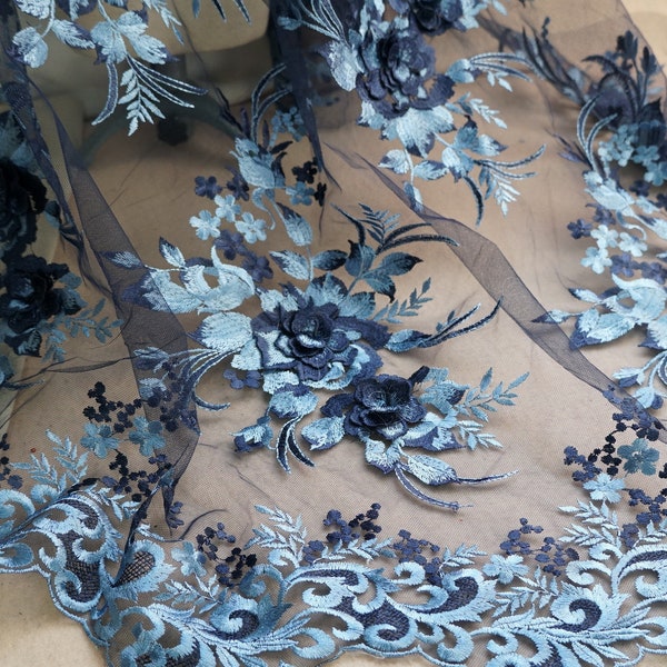 Lux 3D floral fabric, Navy Blue + Blue lace fabric, Exquisite  appliques fabric for Evening Dress, Wedding Dress, Dance Prom, Gown,by 1 yard