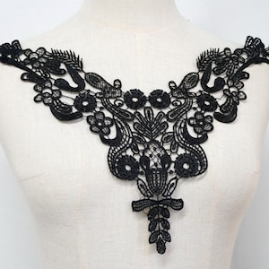 Venice Lace Collar, Black collar with Entangled Design Floral Neckline Collar, V Outline lace bib necklace Applique for Costume Design,1 pcs