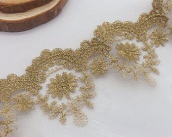 Vintage Gold Embroidery Tulle Lace Trim, Retro Gold Thread Scallop Border trim for Wedding Dress, Lolita, Bridal Veil, Curtain Supply, Doll