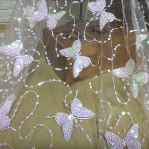 Colorful Sequins Butterfly Tulle lace Fabric, Gradient Papillon fabric for Prom Dress, Party Dress, Spring Dress, Flower Girl dress, 1 Yard