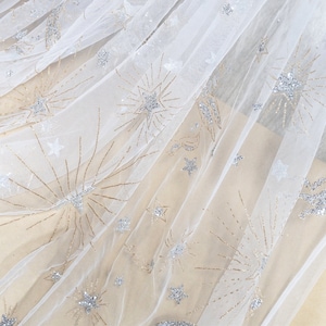 Sparkle glitter sterren manen tule stof, Galaxy Lucky Unicorn kant voor bal, avondkleding, galajurk, trouwjurk sluier levering, 1 Yard