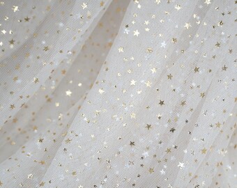 Print Galaxy Stars Beige Tulle lace fabric, Gold Silver Star Overlay For Birthday Party Dress, Wedding Veil, Toddle Dress, Festival Costume
