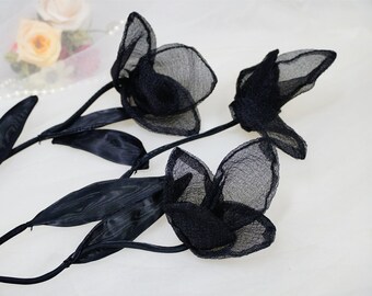 Long Stem Organza 3D Petal in Black, Leaf Flower Applique Patch, 3D applique For Sewing Crafts, Ballet Dress, DIY decor