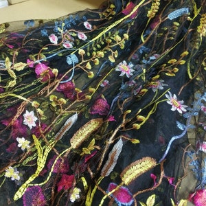 Stunning Colorful Embroidery Black Tulle lace fabric, Fushia Flowers Vine Patch fabric For Prom, Dance Prom, Party, Bridal Gown