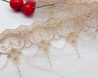 Vintage Gold Embroidery Tulle Lace Trim, Retro Gold Thread Lace trim for Wedding Dress, Lolita, Bridal Veil, Curtain Supply, Headkerchief