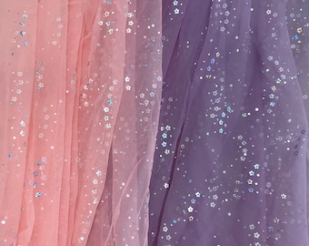 Lilac Shiny Cherry Flower Tulle lace Fabric, Illusion Ombre Sequins Mesh Fabric, For Bridal Gown, Tutu Dress, Cosplay, By 1 yard