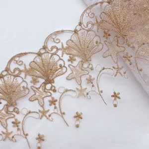 Vintage Gold Shell Starfish Embroidery Tulle Lace Trim, Gold Thread trim for Wedding Dress, Lolita, Curtain Supply, Baby tutu, DIY Crafts