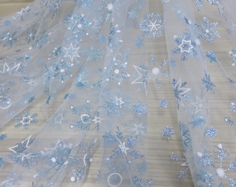 Frozen Print snowflakes Stars Mesh lace fabric For Elsa Snow Princess Dress, Cosplay costume, Birthday Party Dress,  By 1 yard