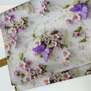 3D Effect Print Peach Blossom Cotton lace fabric, Purple Butterflies Cotton For Throw pillow, Tablecloth, Tote Bag, Garments sewing