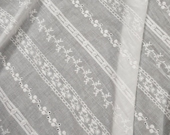 Stripe Flower Cotton lace Fabric in Off white,  Embroidery Vine Flower for Boho Dress, Lace Top, Bridal, Summer Dress, Curtains