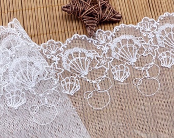 Seashell Starfish Embroidery scallop Border Tulle Lace Trim in Off white for Veil Supply, Lolita, Curtain, Baby tutu, DIY Crafts, Doll