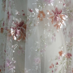 Gorgeous Multi-colors Heavily Sequins Embroidery Lace Fabric, Blossom flower lace for Couture Dress, Celebration, Engagement, 1 yard