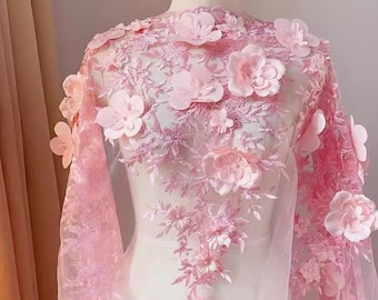 3D Satin Petal Applique Wedding Fabric, Embroidery Beading Flowers lace trim fabric for Lyrical Dance, Costume Design, Shrug, Engagement