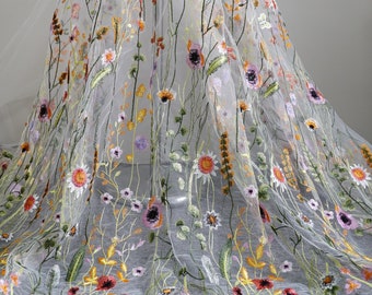 Gorgeous Embroidery Floral Bridal lace fabric In Green Mesh, Multi-colors embroidery Purple Petal lace For Wedding Gown Veil, Couture,1 Yard