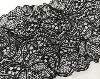6.3&quot; Wide Stretch Lace Black Elastic Fabric for Garment Dress Home Decor DIY Craft Supply, BY 2 Yards