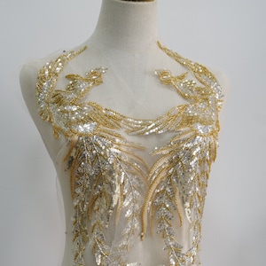 Golden Phoenix Beading Lace Applique, Embroidery Silver Sequins Bodice Appliques For Pageant gown, Party Dress, Ball Gown, Competition Dress