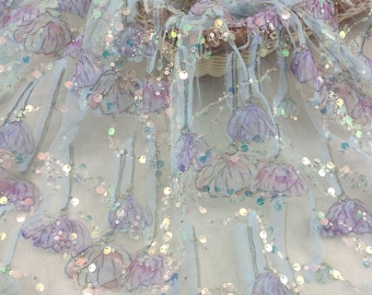 Fairy Dandelion Embroidery Ball Gown Lace Fabric, Sparkle Sequined Flower fabric for Wedding Couture, Formal dress, Banquet, 1 yard