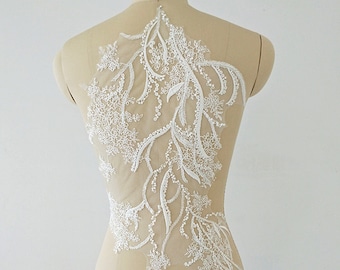 Large Embroidery Leaf Bridal lace applique in Off white, Embroidered bodice Applique for Wedding Supply, Costume Design, Veil Prom