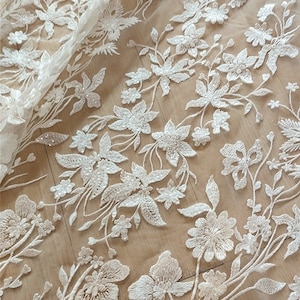 Embroidery Bridal Floral Overlay Lace Fabric, Stunning Sequined lace For Wedding Prom, Engagement, Houture Couture, By 1 yard