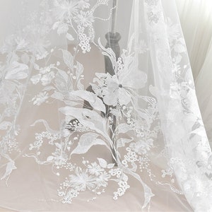 Venice Bridal  Embroidery Fabric, Exquisite Large Flowers Lace Fabric in Off White For Wedding Prom, Fashion Show, Stage Dress