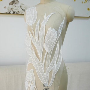 Große Tulpenstickerei Pailletten Hochzeit Spitze, Gestickter Schleier Applikation Aufnäher Für Hochzeitskostüm, Bankett, Dinnerparty, 1 Stück