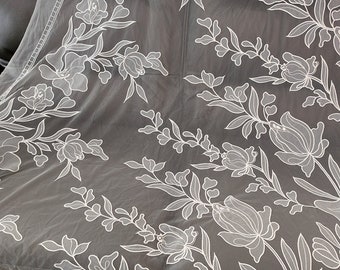 Laser Cut Embroidery Rose Lace Fabric, Bridal Rose lace in Off white, Blooming lace for Wedding Gown, Haute couture, Stage Prom, 1 Yard