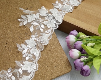 Ivory Bridal Leaf Embroidery Veil lace trim, Sequins Leaf Branch trim For Wedding Dress, Costume Decor, Train, By 1 Yard