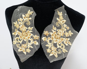 Sparkle Gold Sequins Embroidery Prom Lace Applique, Mirror Pair Bodice Appliques For Pageant gown, Party Dress, Costume Decor, 1 pair