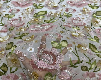 Pink Sequined Rose Petals Embroidery Wedding Lace Fabric, 3D beading flowers for Formal Dress, Party Ball gown, Event lace, 1 yard