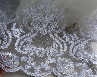 Retro Alencon Bridal Veil lace trim, Embroidery Grid Venice Sequined Flowers Trim, Scallop Border trim For  Ballet Tutus, Costume, 1 yard