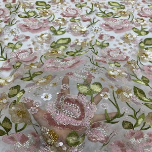 Pink Sequined Rose Petals Embroidery Wedding Lace Fabric, 3D beading flowers for Formal Dress, Party Ball gown, Event lace, 1 yard