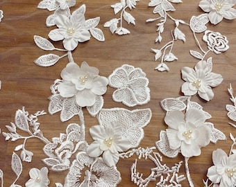 Ivory Beading 3D Petals Bridal Lace fabric, Applique flower mesh lace, Delicate Floral Wedding Lace For Prom, evening gown, by 1 Yard