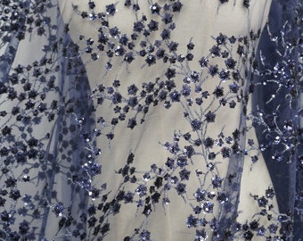 Navy Mesh Lace Fabric, Sequins Overlay Lace Fabric, Sequin Floral Branch lace for Pageant Gown, Party Dress, Evening gown, By 1 Yard