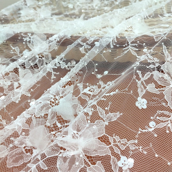 3D Petals Embroidery Wedding lace fabric, Sequins Beading lace in Off white for Bridal Shrug, Haute couture, Evening Prom, by 1 yard