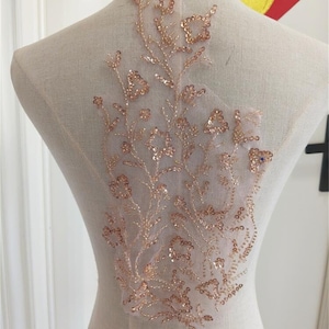 Beading Embroidery Mesh Applique Lace, Peach pink Sequins Lace Applique for Lyrical Dance, Jacket coat, Costumes, 1 pair