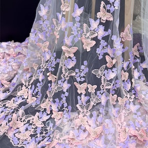Embroidery 3D Butterfly Gauze Lace Fabric, Embroidered fairy floral Lace Fabric For Veil, Prom, Flower Girl, Princess dress, by 1 Yard