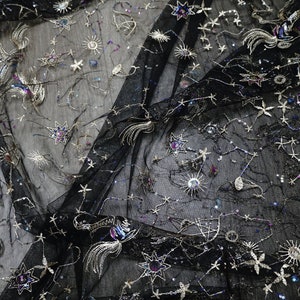 Galaxy Sparkle Ombre Sequins Stars Lace fabric, Sequins Unicorn tulle fabric for Prom, Wedding gowns, Princess dress, Haute Couture, 1 Yard