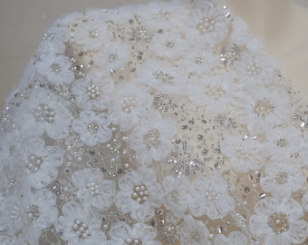 Illusion 3D Puffy Petals Bridal Lace Fabric, Embroidery Sequins silver Beads fabric, Pearls Beaded for Haute Couture, Stage Costume, Wedding
