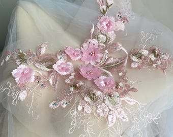 Pink 3D Embroidery Bridal Lace Applique, Beading Venice Flowers Petal For Dance Costume, Garment Sewing, Coat embellishment, 1 Pcs