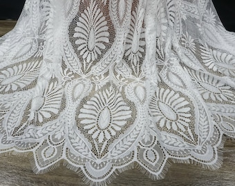 Soft Large Leaf Pattern Chantilly lace Fabric, French Eyelash lace fabric for wedding gown, Boho dress, Prom dress, baptism gown, BY 1 Yard