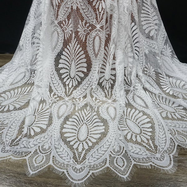 Soft Large Leaf Pattern Chantilly lace Fabric, French Eyelash lace fabric for wedding gown, Boho dress, Prom dress, baptism gown, BY 1 Yard