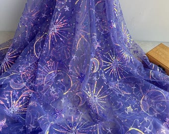 Sparkle Galaxy Sequins Starry lace fabric, Stars moons sequins tulle fabric for Prom, Wedding gown, Birthday costume, Princess dress, 1 yard